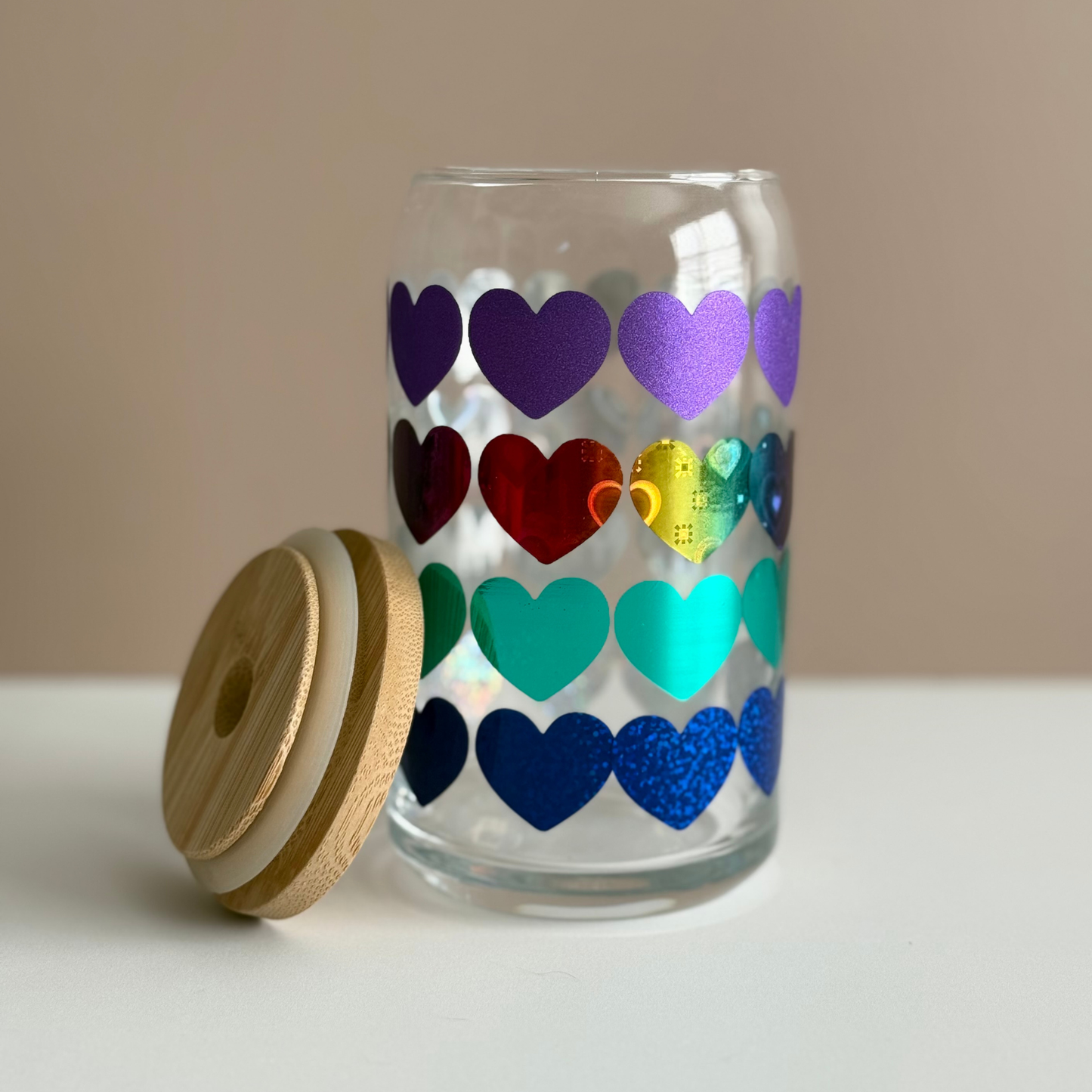 Holographic Rainbow Heart Glass Tumbler - 16oz Beer Can Glass with Bamboo Lid