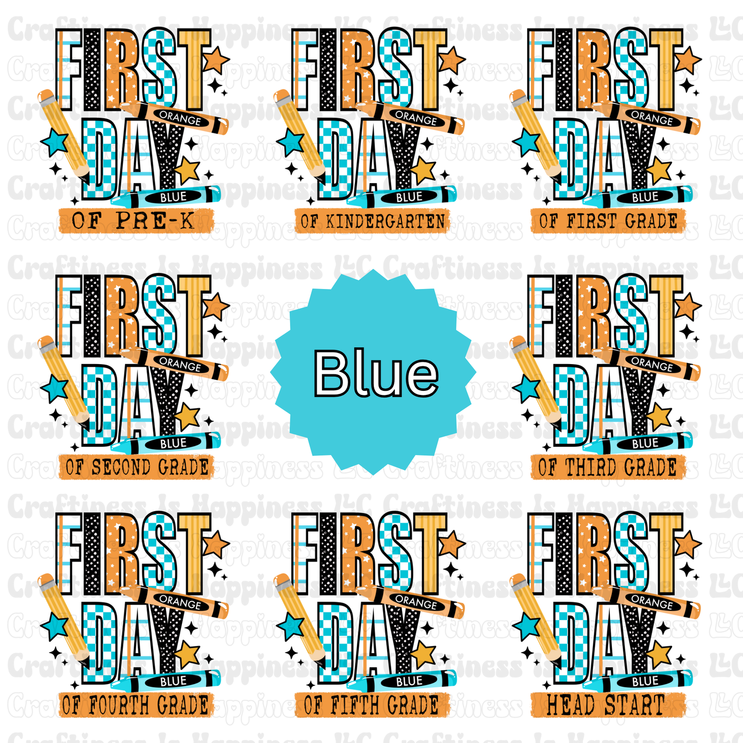 Set of 'First Day' signs for different grades with a blue label in the center.