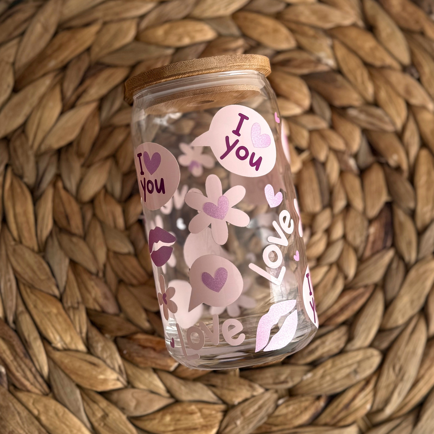 Pink I Love You Glass Tumbler with Bamboo Lid & Straw