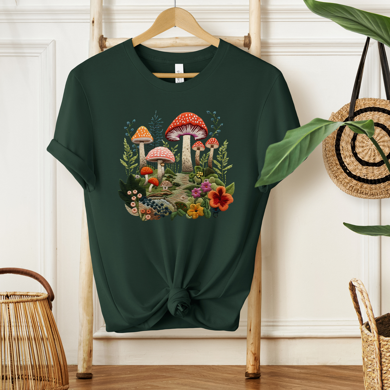 Green Mushroom Meadow faux embroidery design short sleeve t-shirt-front