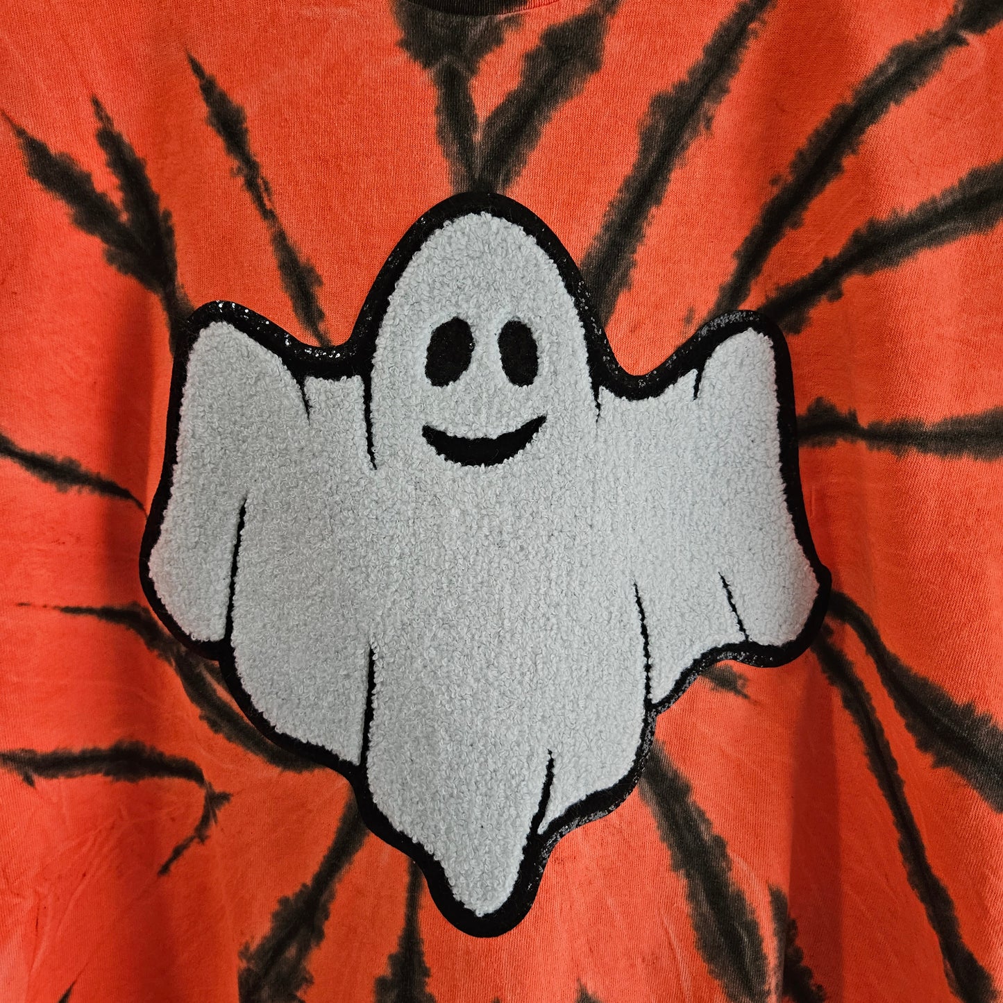 Tie Dye Chenille Ghost Patch, Tie Dye Halloween Tee, Ghost Patch Tie Dye Shirt, Ghost Tie Dye Shirt, Spooky Ghost Tie Dye, Orange & Black Tie Dye Shirt