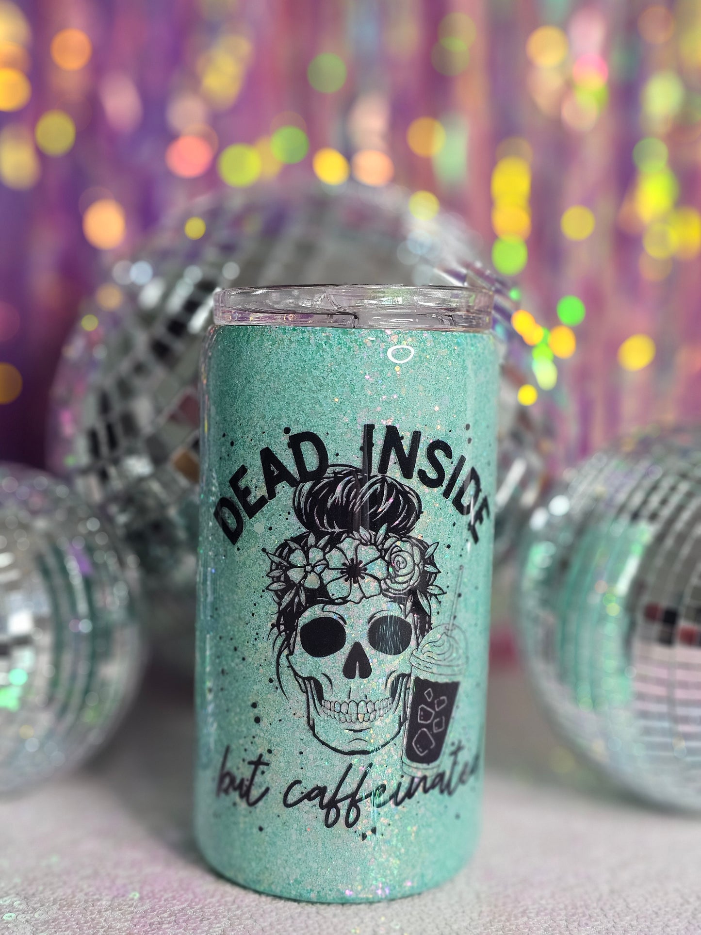 Dead But Caffeinated 12OZ Glitter Tumbler