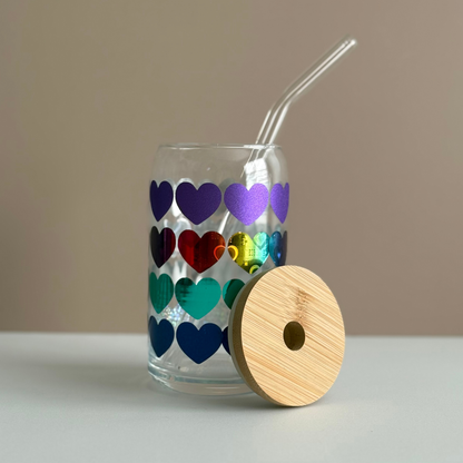 Holographic Rainbow Heart Glass Tumbler - 16oz Beer Can Glass with Bamboo Lid