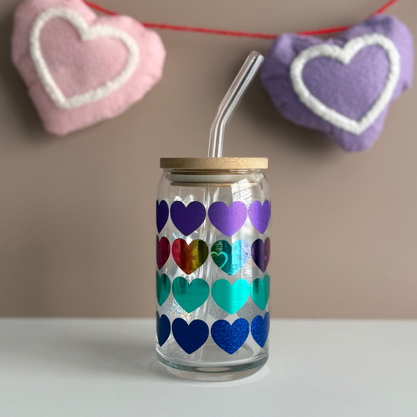 Holographic Rainbow Heart Glass Tumbler - 16oz Beer Can Glass with Bamboo Lid