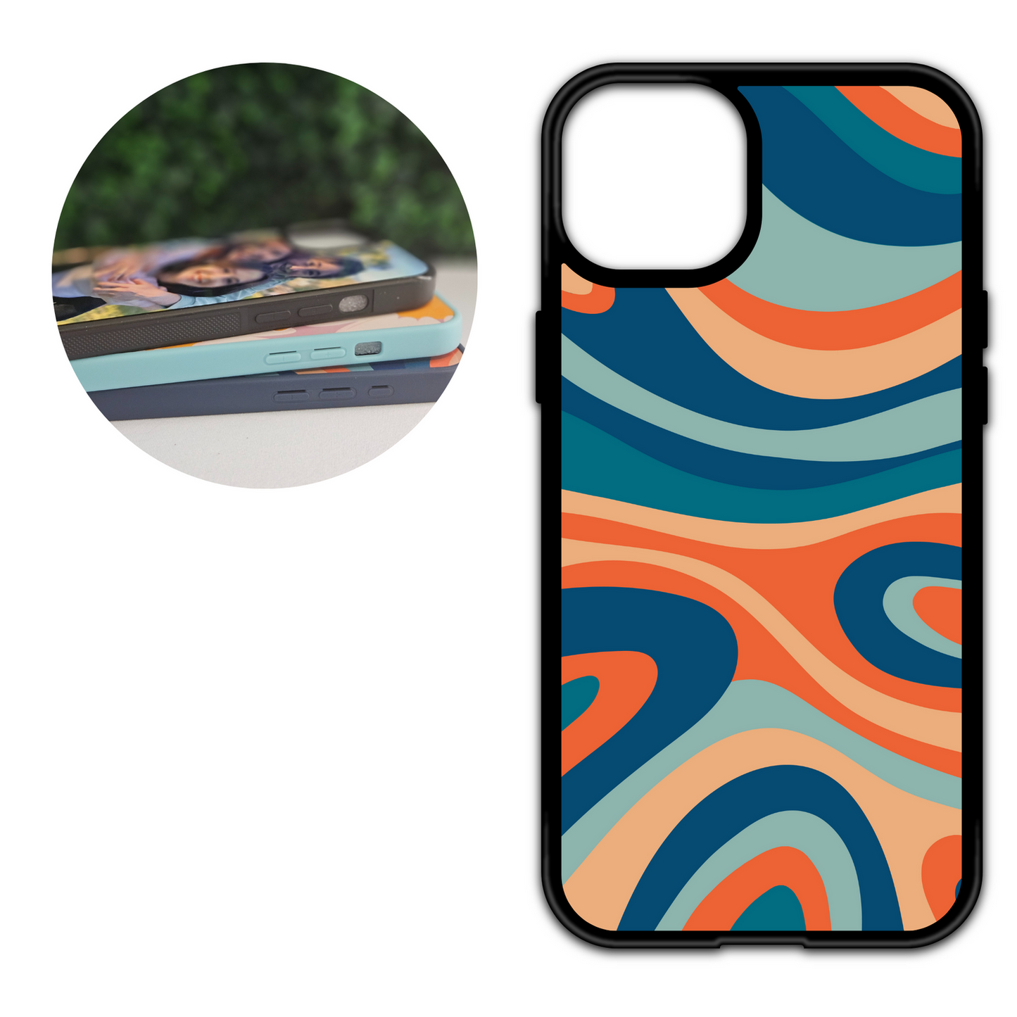 Phone case with an abstract design with bold shades of blue and orange