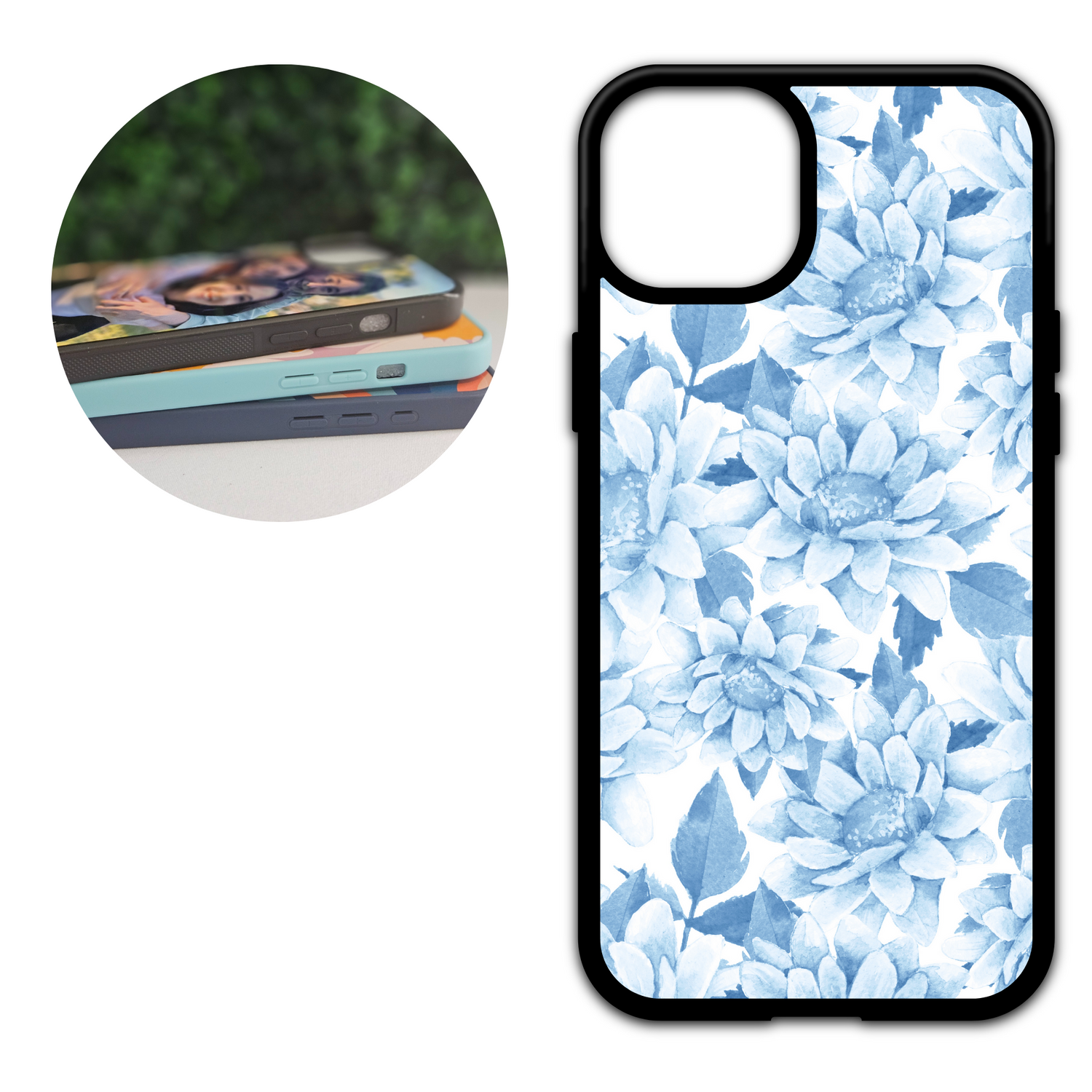 phone case with white background and blue floral print