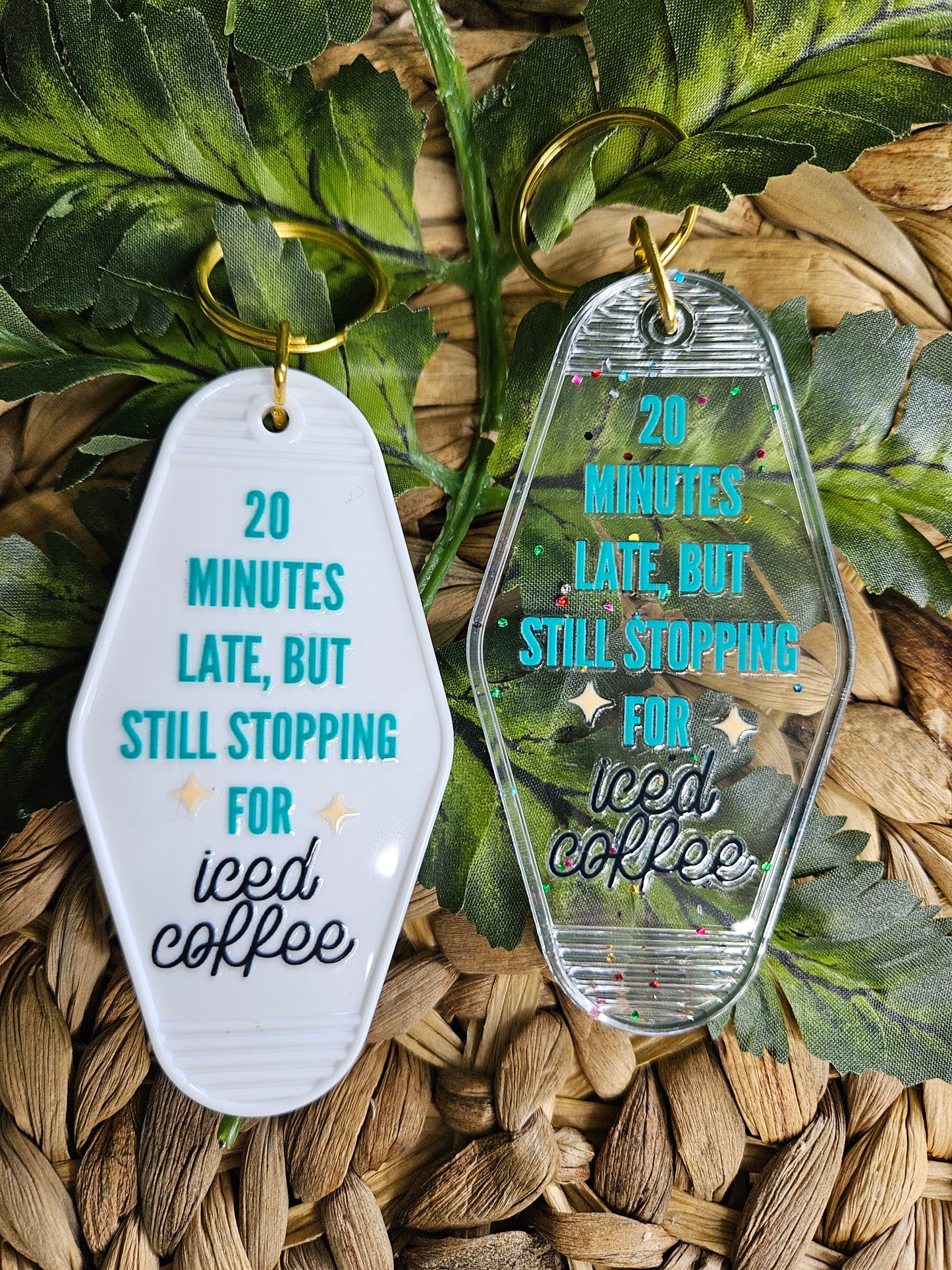 Available in a plain white or clear acrylic motel/ retro style keychain with confetti speckles. Decorated with a turquoise UV DTF Decal" 20 minutes late, but still stopping for iced coffee.