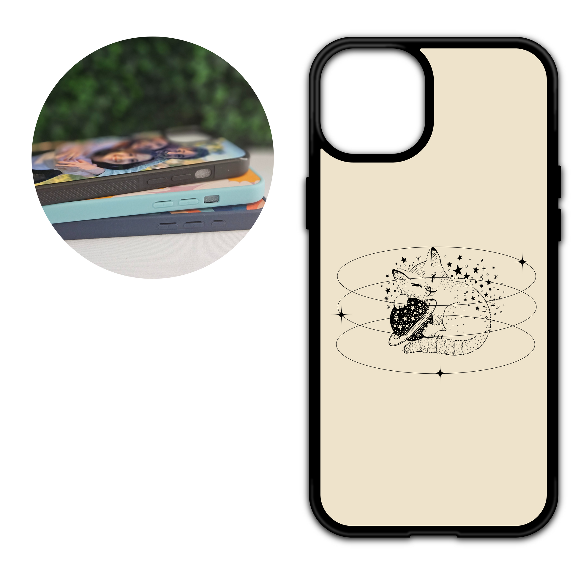 cream phone case with a cat hugging a cosmic planet surrounded by stars