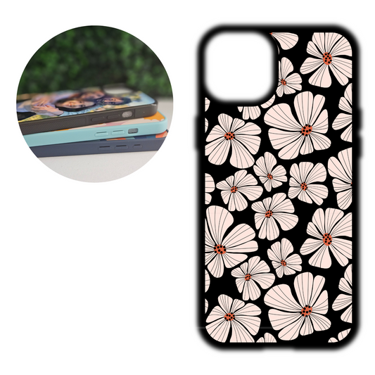 phone case eith a black background with retro white daisies