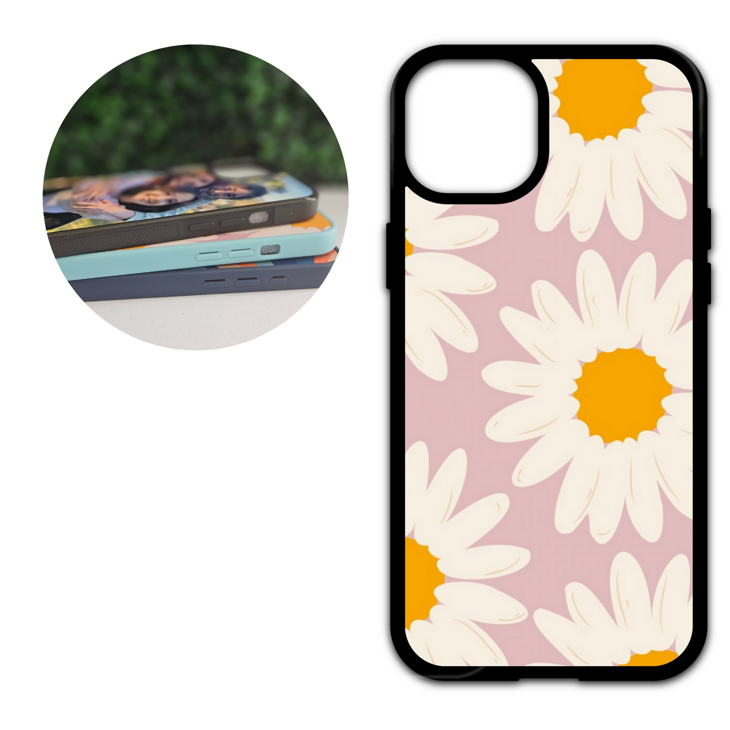 phone case with pink background and white retro daisies