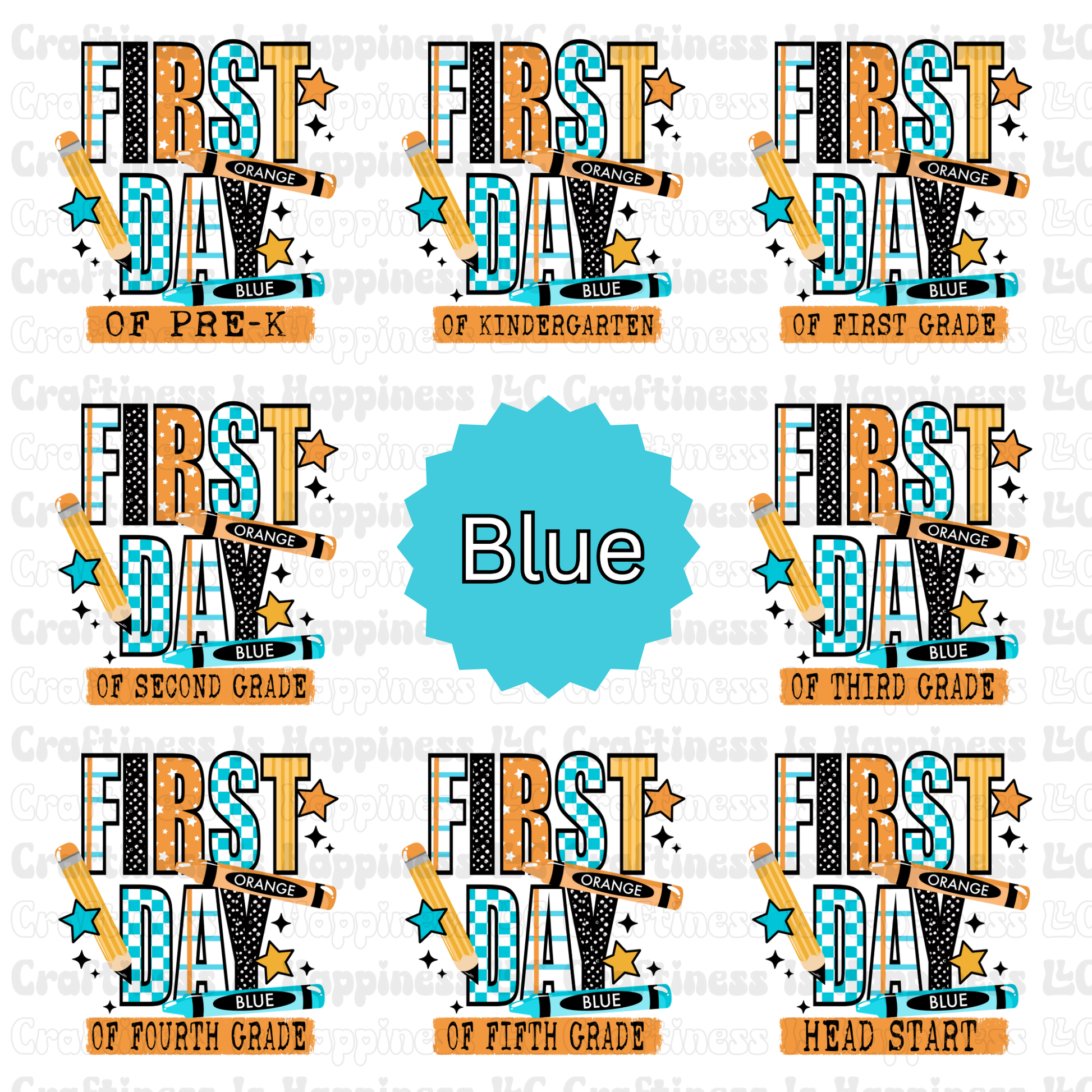 Set of 'First Day' signs for different grades with a blue label in the center.