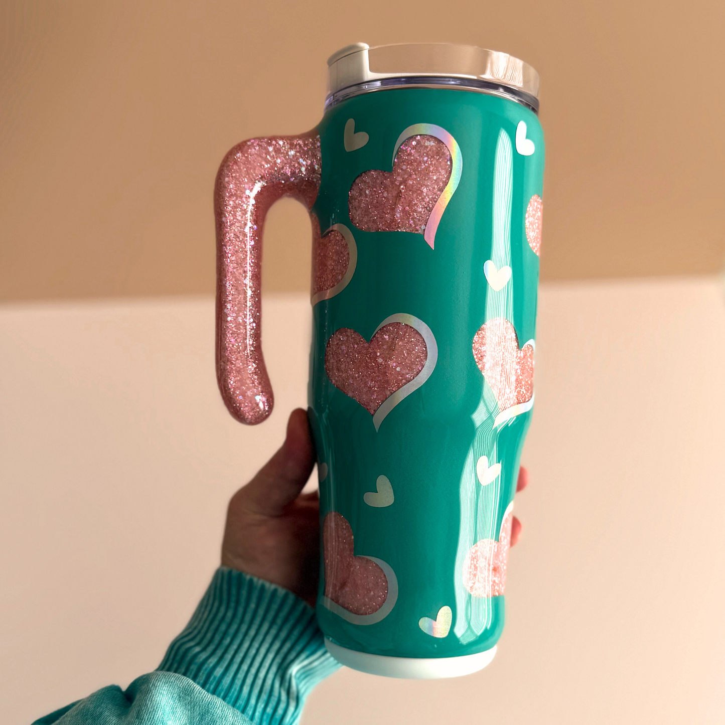 Teal Glitter Heart Tumbler: Light Up Valentine's Day Gift