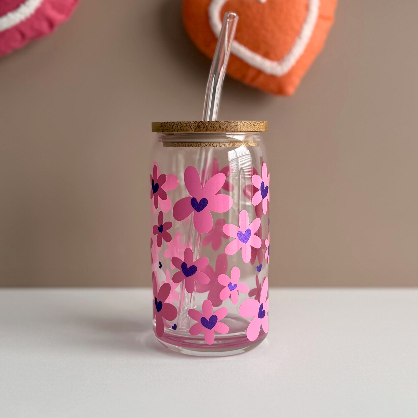 Retro Flower With Hearts Glass W/ Bamboo Lid