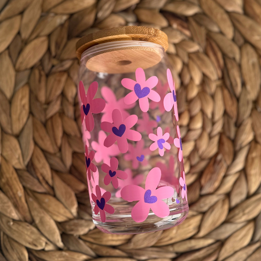 Retro Flower With Hearts Glass W/ Bamboo Lid