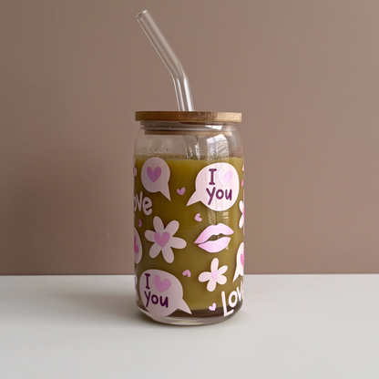 Pink I Love You Glass Tumbler with Bamboo Lid & Straw
