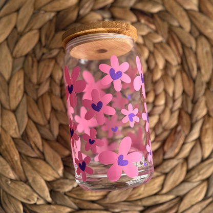 Pink Daisy Glass Tumbler with Bamboo Lid & Straw - 16oz Floral Iced Coffee Cup with Glitter Hearts