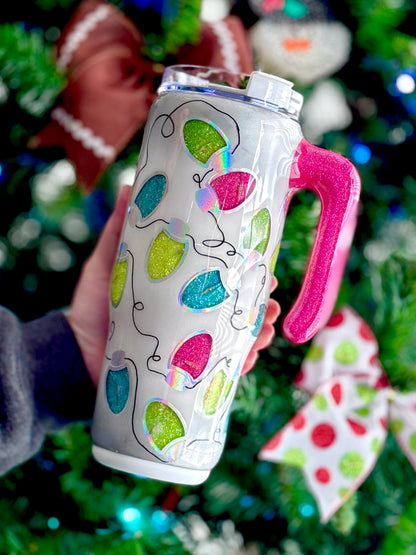 Light Up Christmas Lights 30oz Glitter Travel Mug