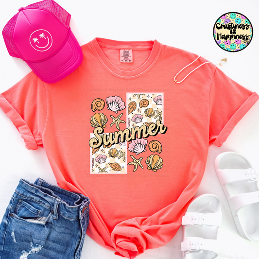 Neon Red/Orange t-shirt with summer seashell design, pink cap, blue jeans, and white sandals on a white background.