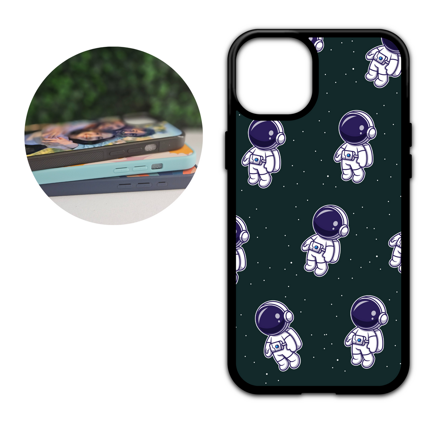 Phone case with Astornauts floating around in space