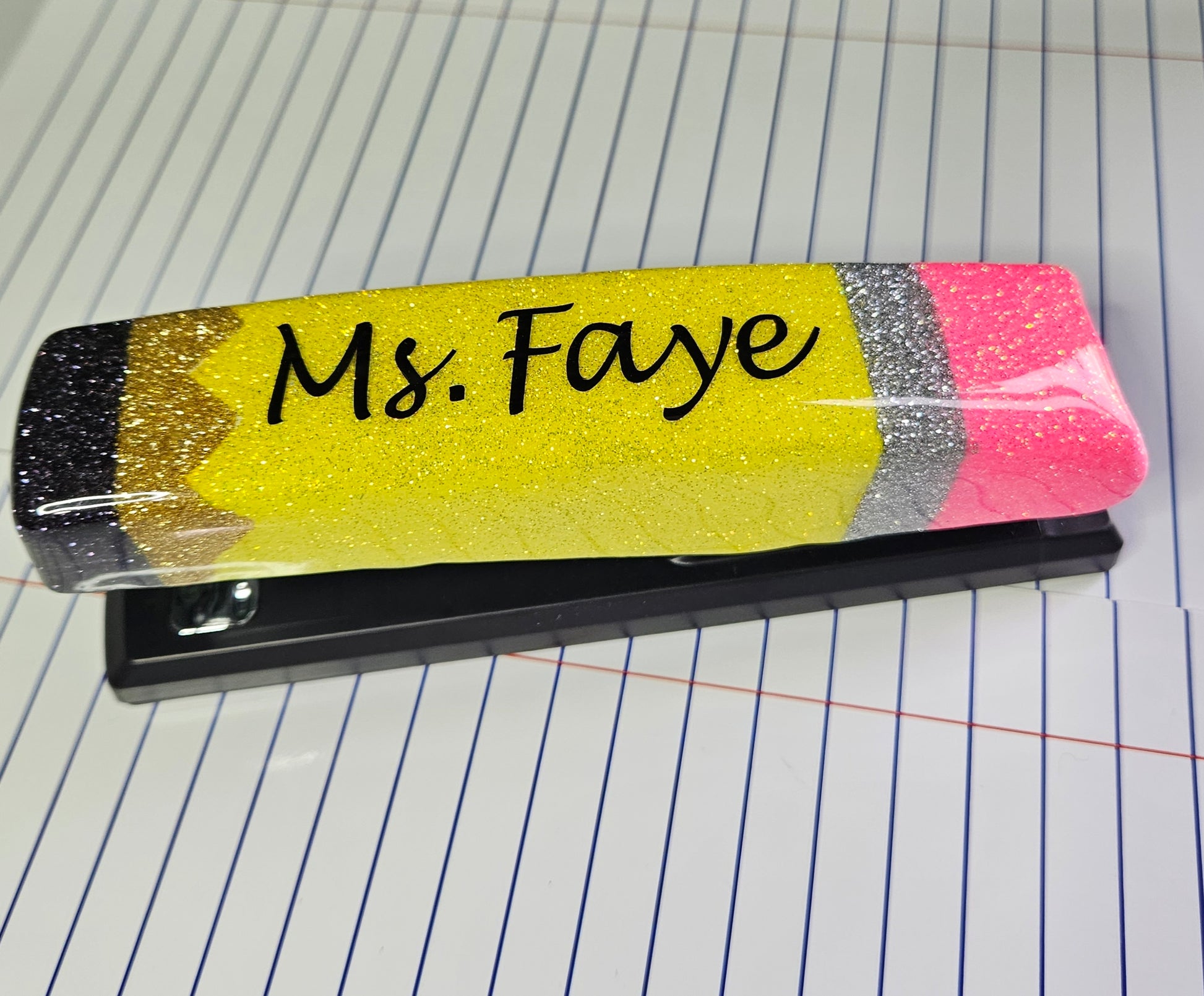 Black Stapler that is glittered to look like a faux pencil with personalization, teacher gift.