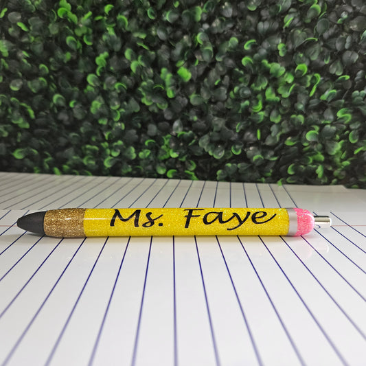 Glittered pen that looks like a pencil, personalized for teachers