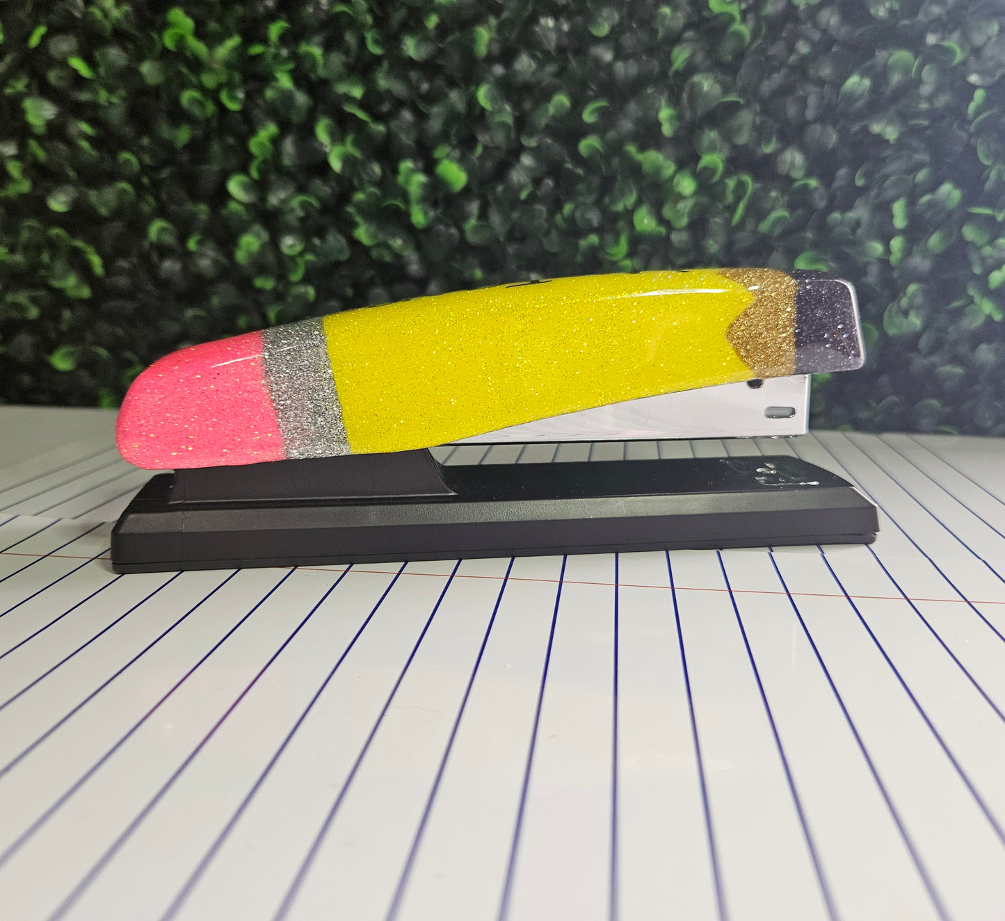 Black Stapler that is glittered to look like a faux pencil with personalization, teacher gift.