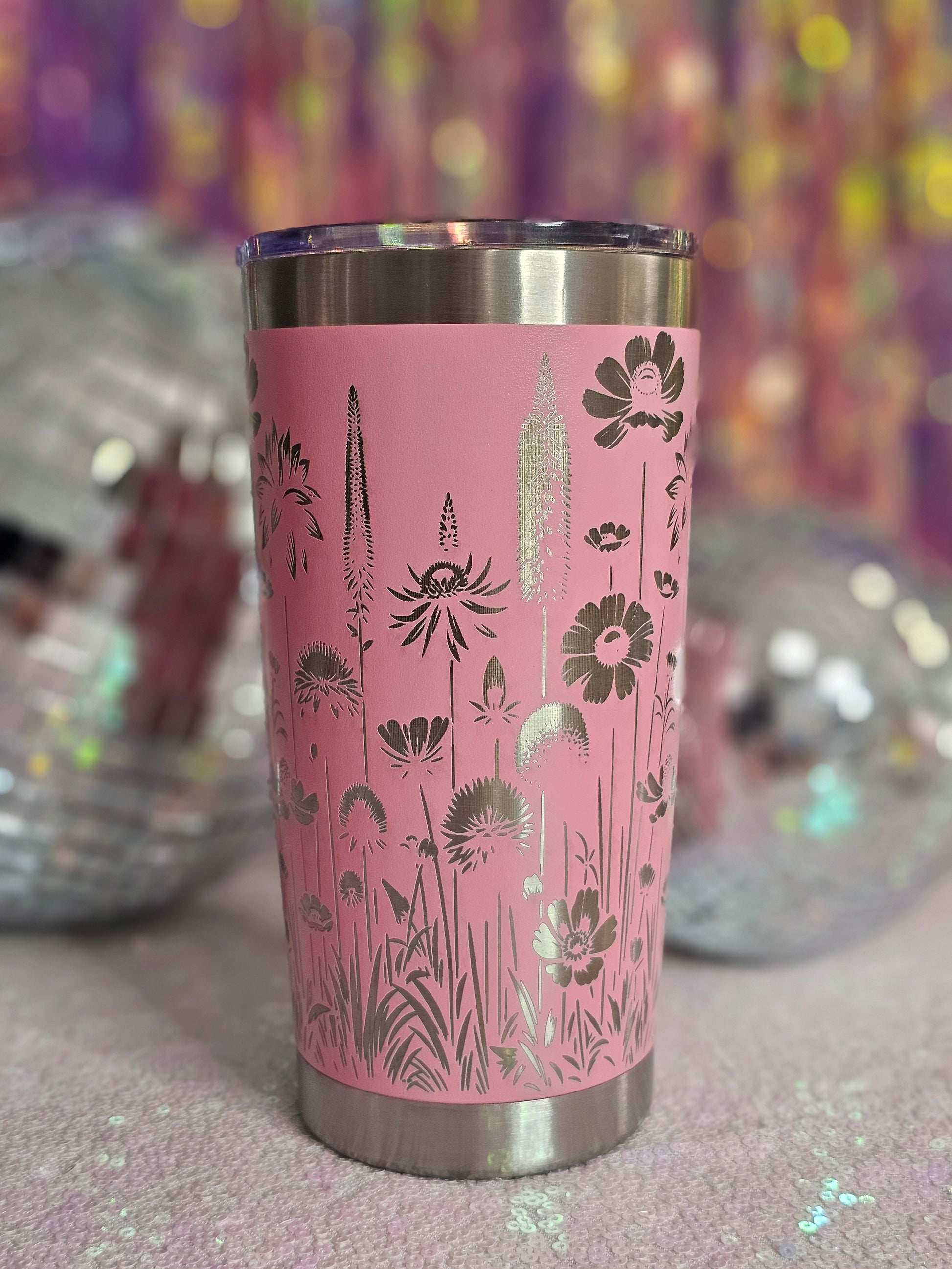 Pink Stainless steel Tumbler engraved with a wildflower pattern