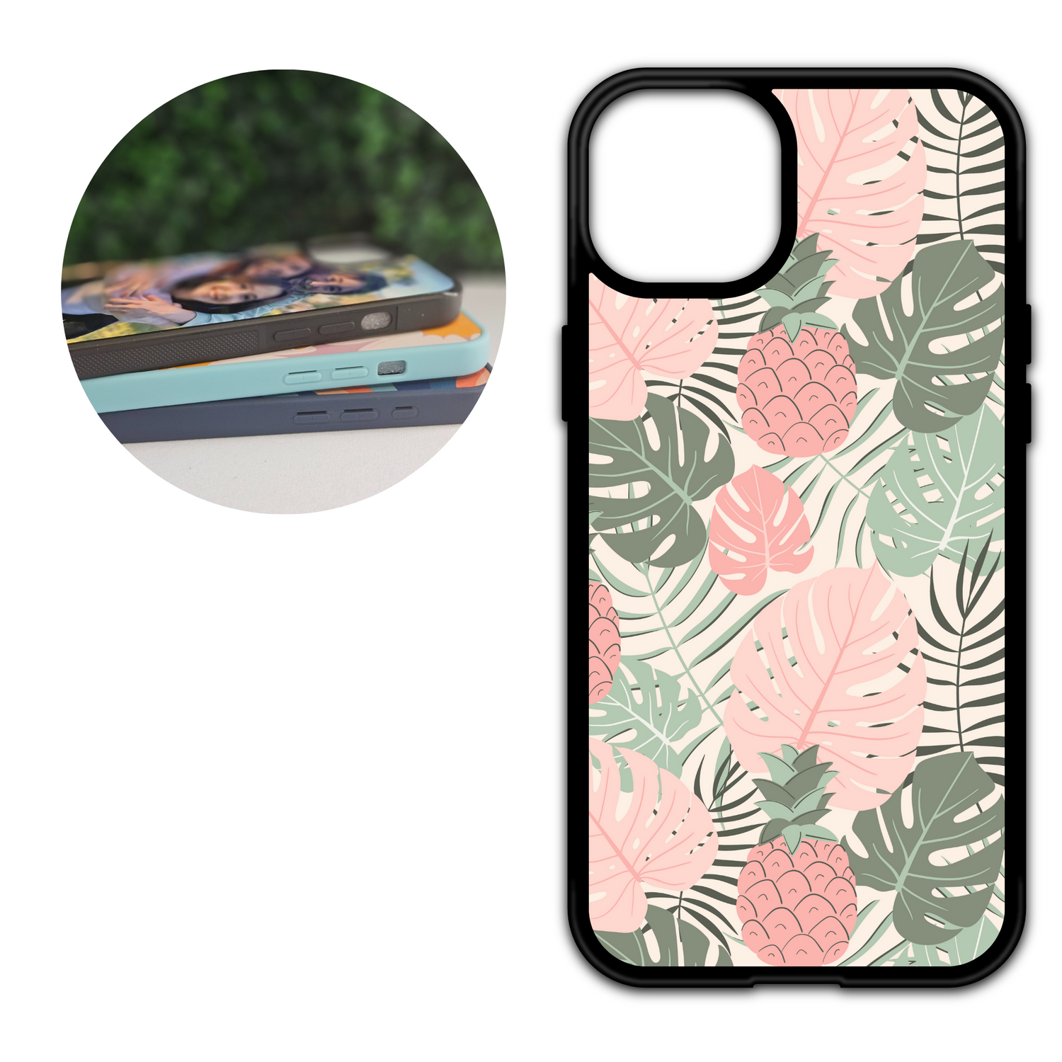 phone case decorated with pink and green pastel tropical design, leaves and pineapples