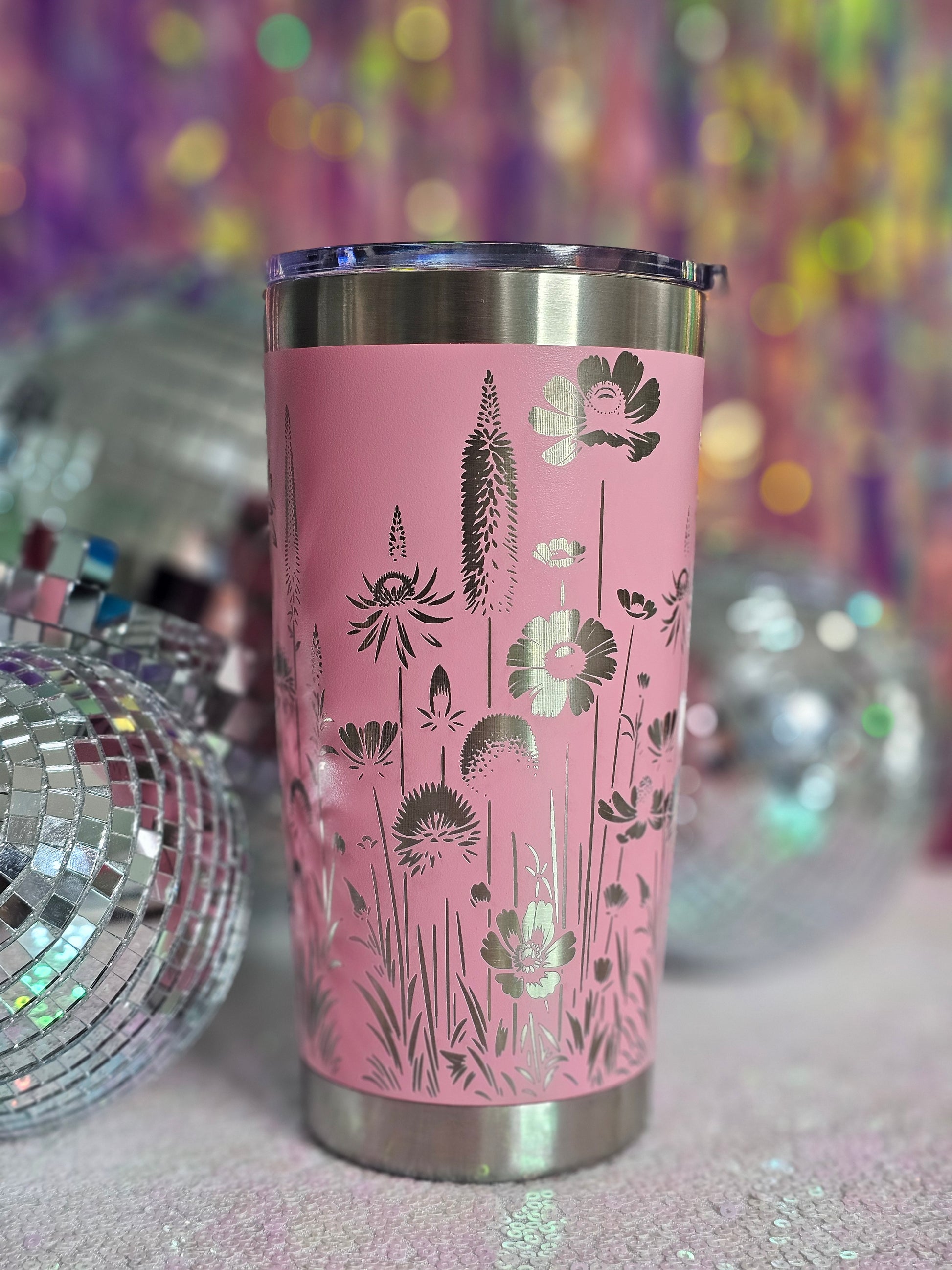 Pink Stainless steel Tumbler engraved with a wildflower pattern