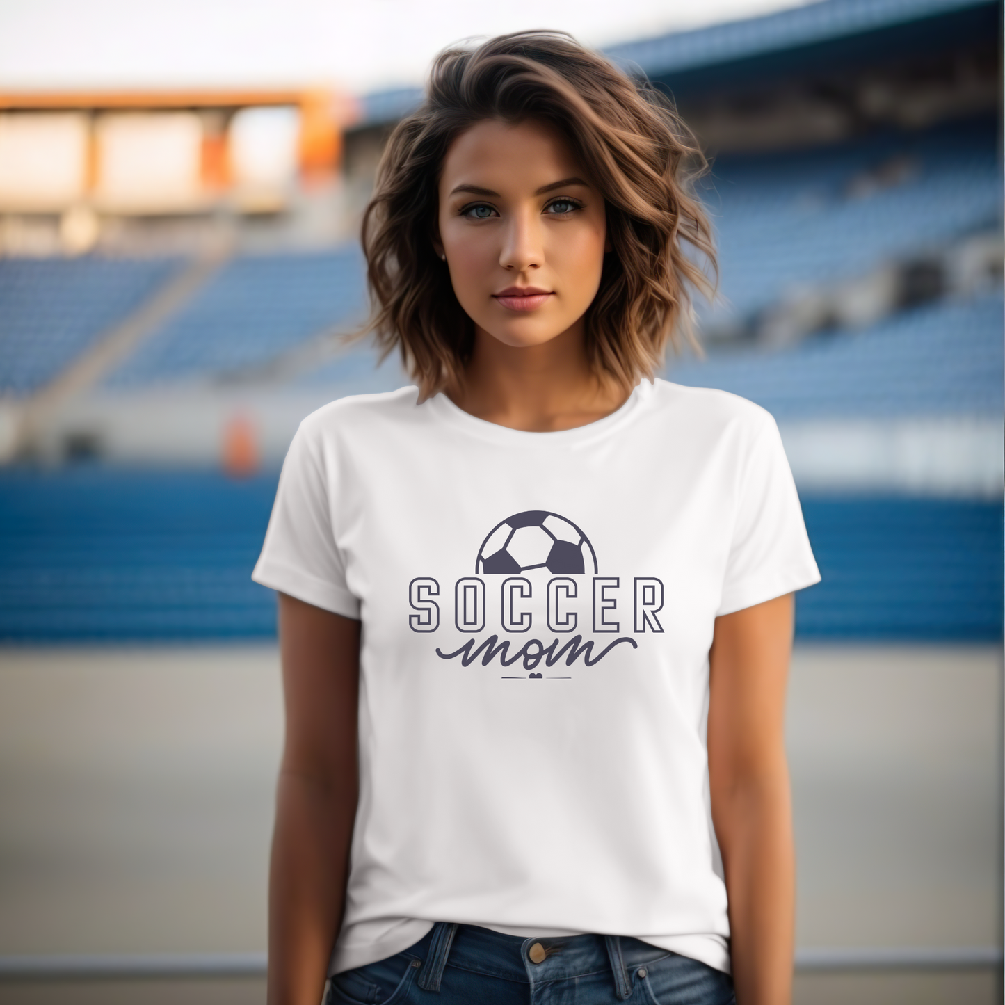 white short sleeve t-shirt with "Soccer Mom" saying, with a soccer ball on front of tee