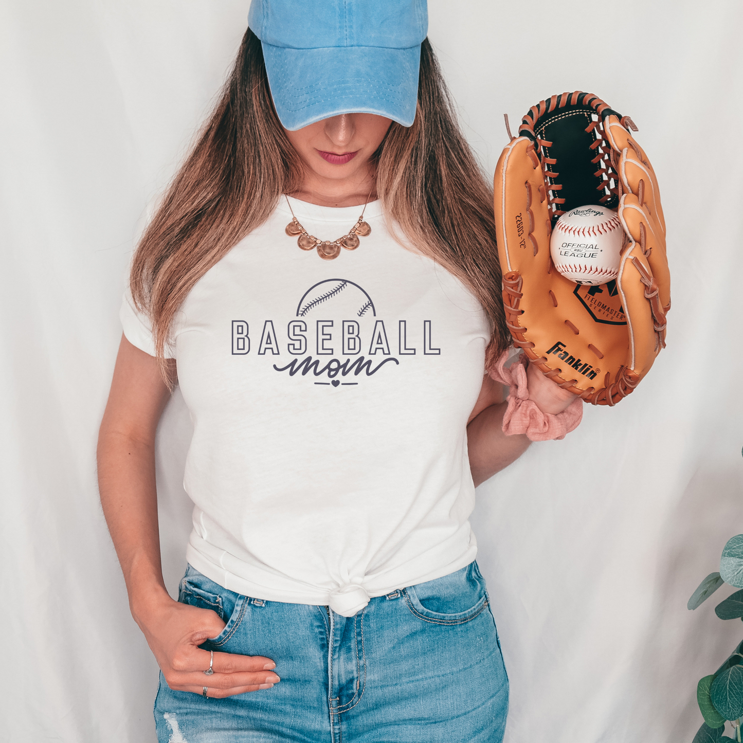 white t-shirt "Baseball Mom" saying, with a baseball-front