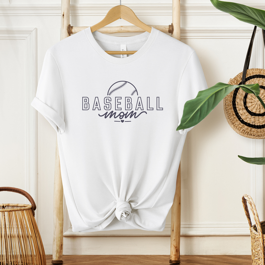 white short sleeve "Baseball Mom" saying with a baseball-front