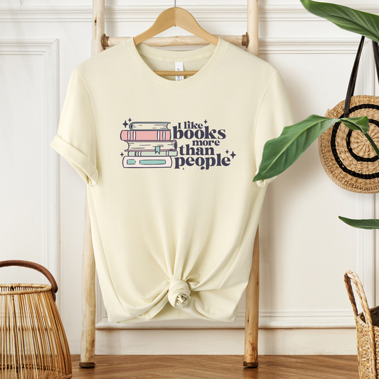 Cream/ Vintage White "I Like Books More Than People" short sleeve t-shirt-front