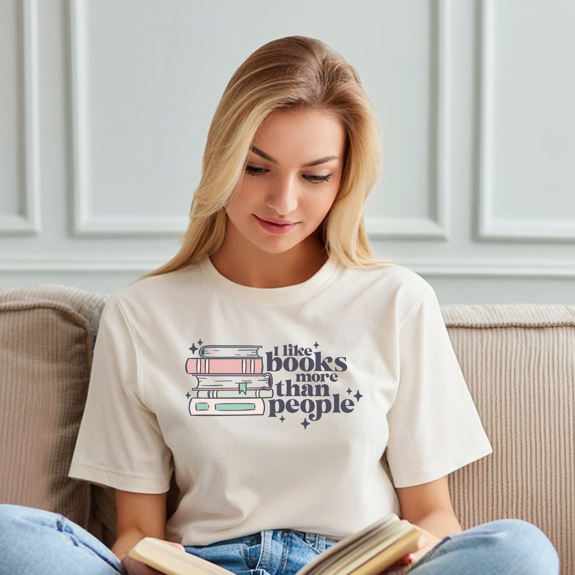 Cream/ Vintage White "I Like Books More Than People" short sleeve t-shirt-front