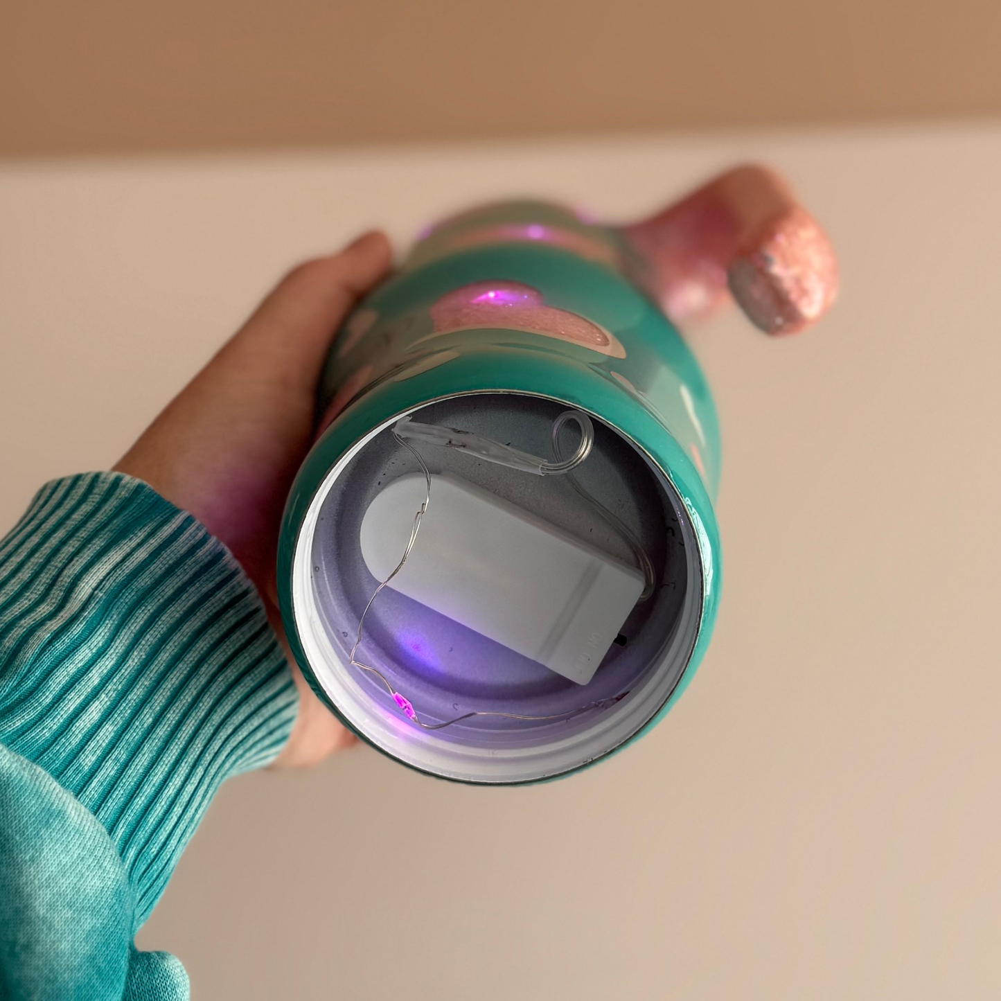 Teal Glitter Heart Tumbler: Light Up Valentine's Day Gift