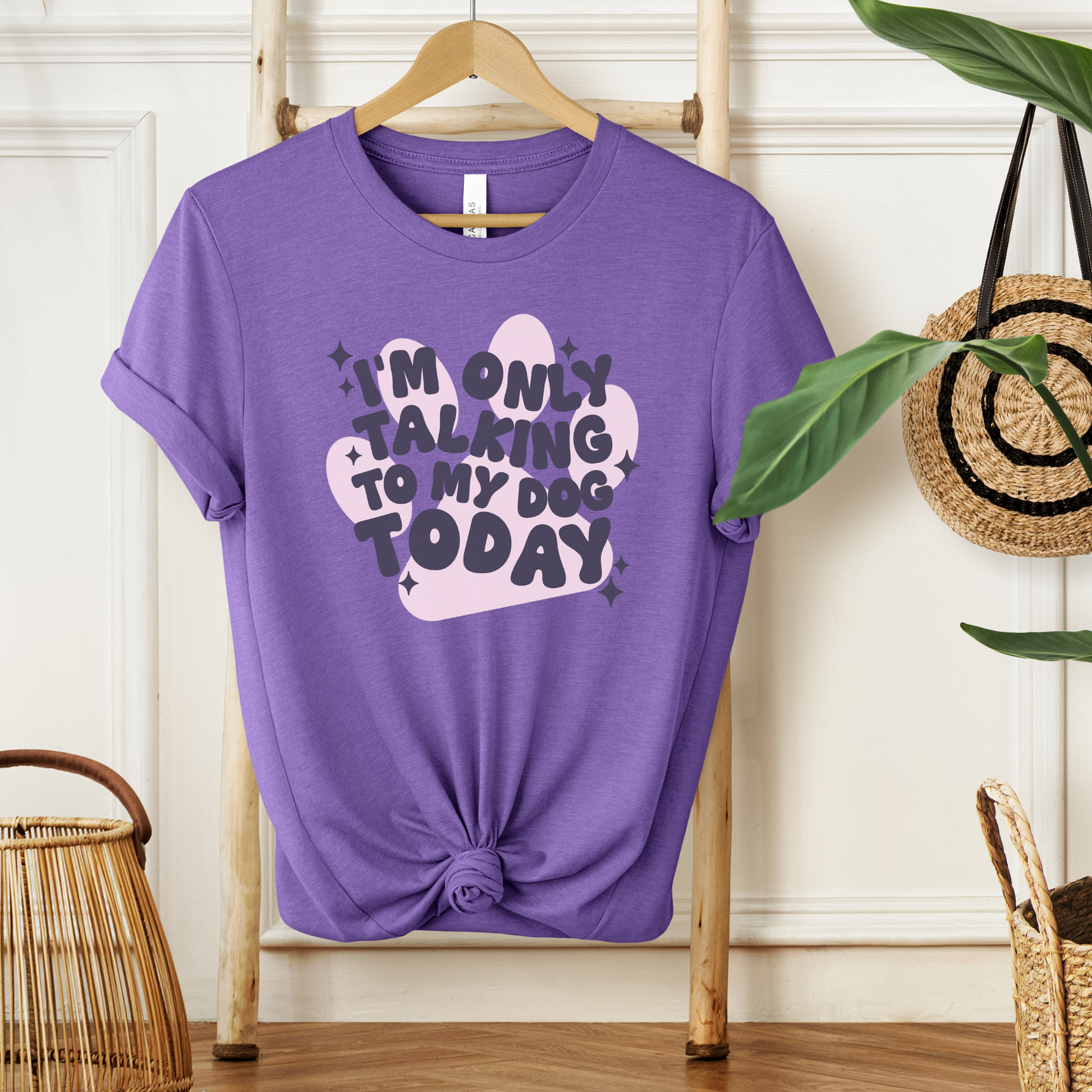 Heather purple short sleeve t-shirt, 'I'm Only Talking To My Dog Today"-front